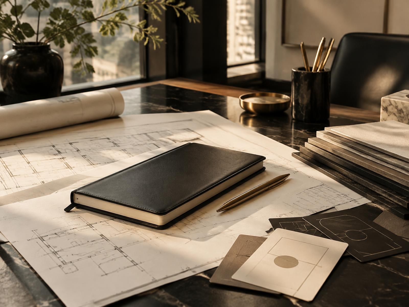 Architectural plans, a notebook and a gold pen on an executive strategy desk