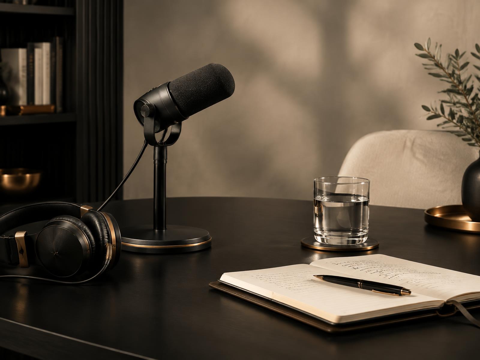 An interview microphone, headphones and editorial notes in a refined studio